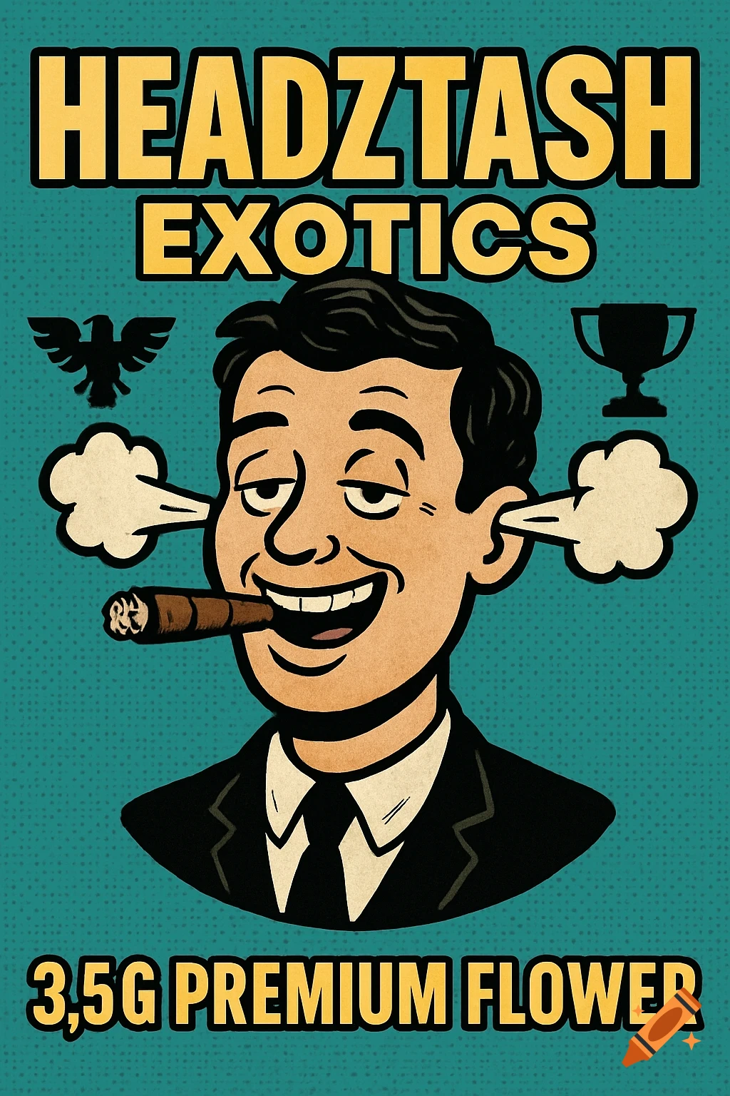 Pop art illustration of a smiling man in a suit smoking a cigar with text 'HEADZTASH EXOTICS 3,5G PREMIUM FLOWER'