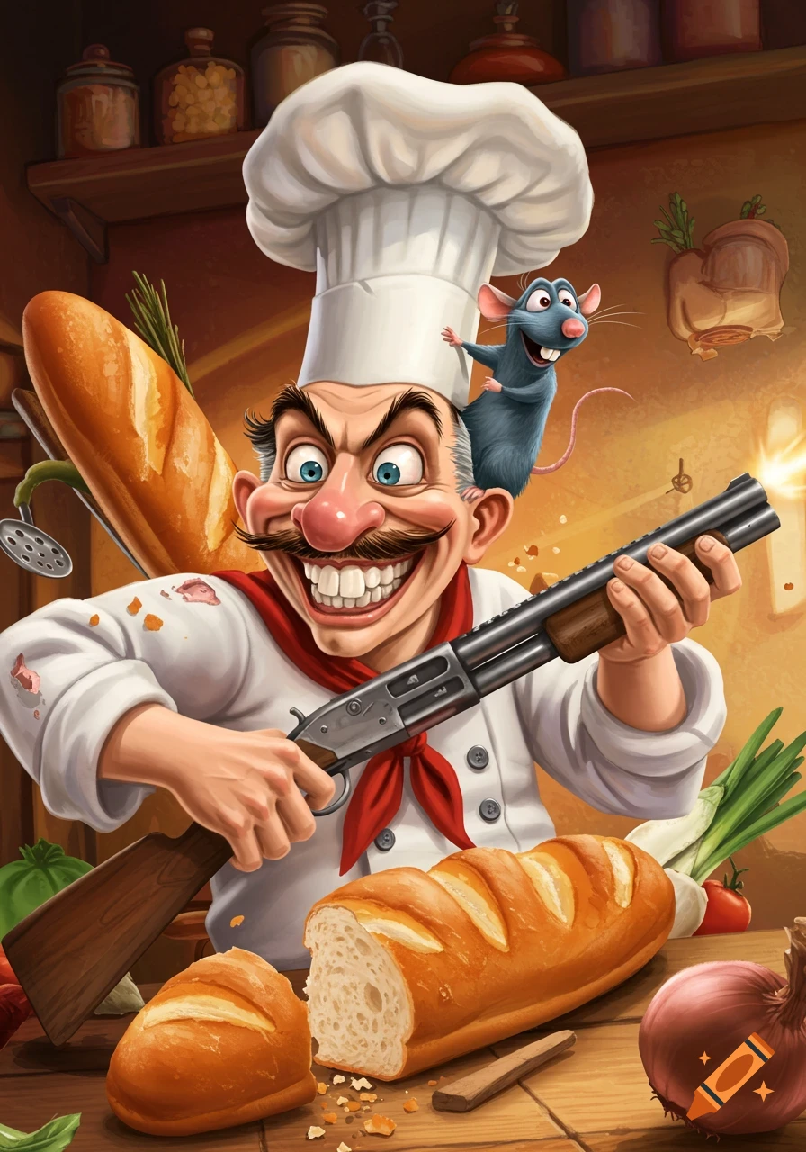 Cartoon chef with a rat on his head holding a shotgun, standing in a kitchen with bread
