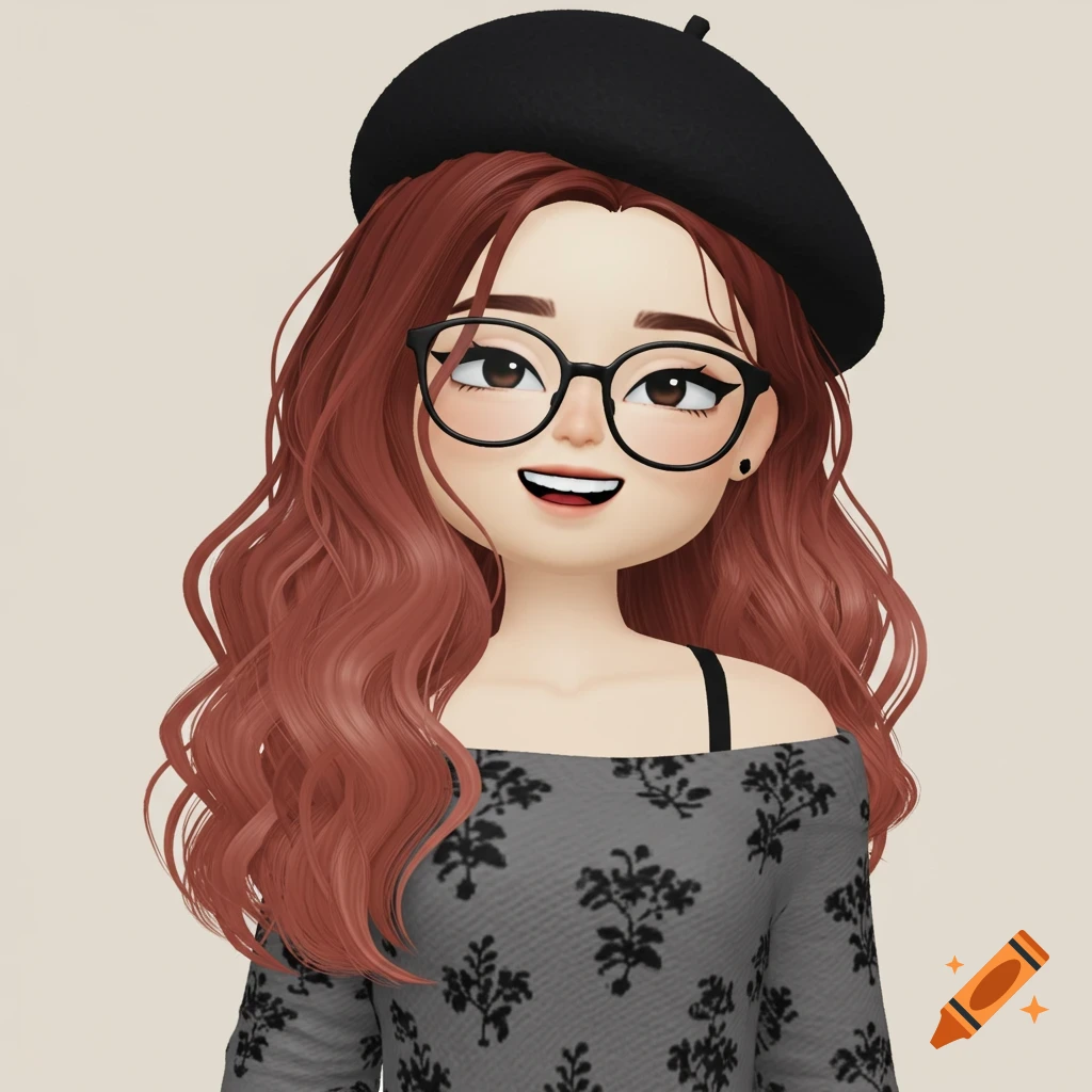 Cartoon avatar with red hair, glasses, beret, grey patterned shirt