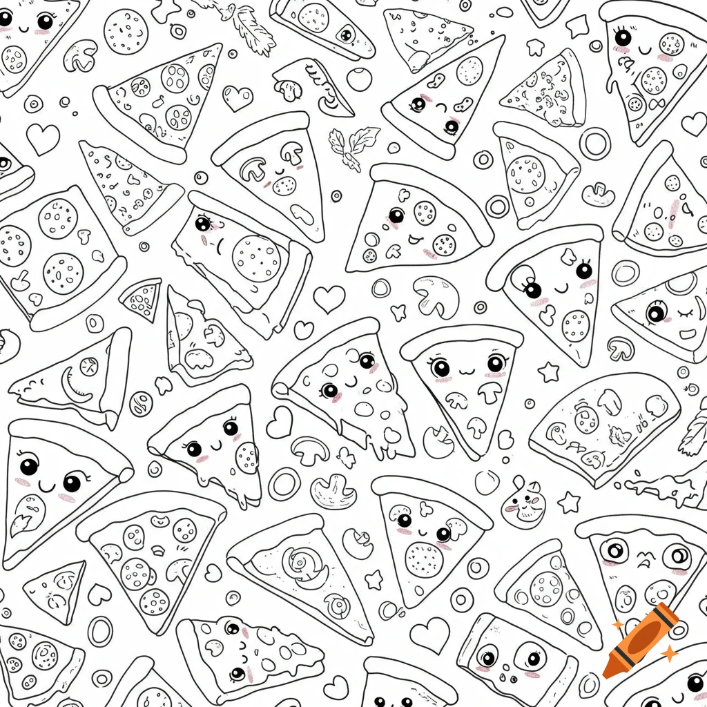 Seamless line art pattern of cute kawaii pizza slices with faces, mushrooms, and herbs, suitable for coloring.