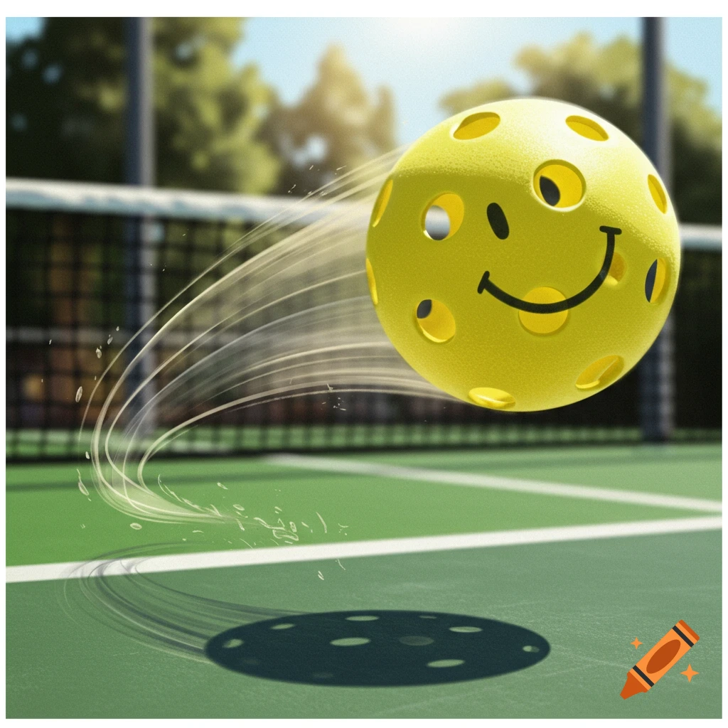 A yellow pickleball with a smiley face bounces on a green court.