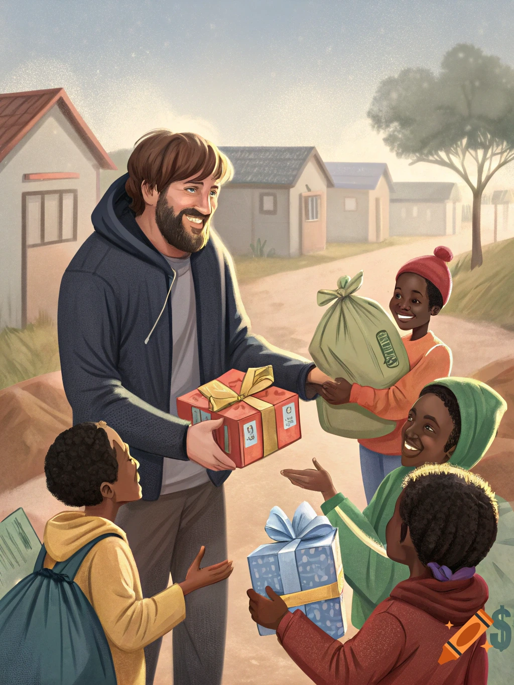 Illustration of a man giving gifts to children in a village.