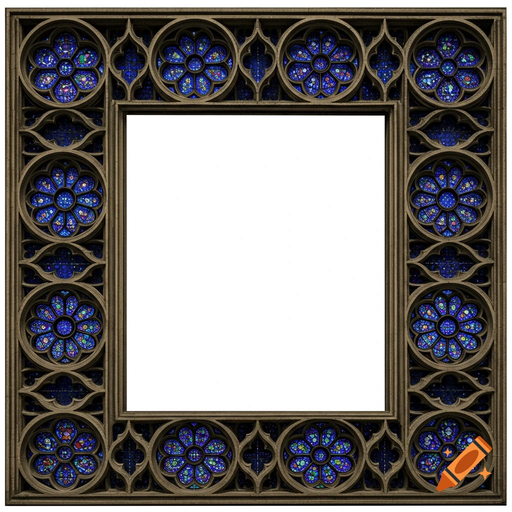 A square picture frame in a gothic architecture style with dark wood and blue stained glass rose window patterns on a white background.