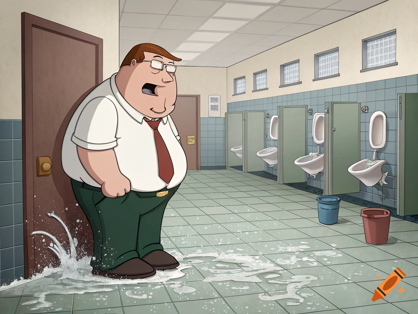 Cartoon depiction of Peter Griffin standing in a school bathroom flooded with water
