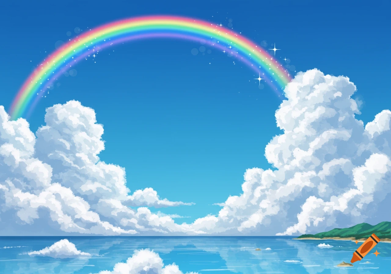 An anime-style illustration of a vibrant rainbow over water with clouds and land.