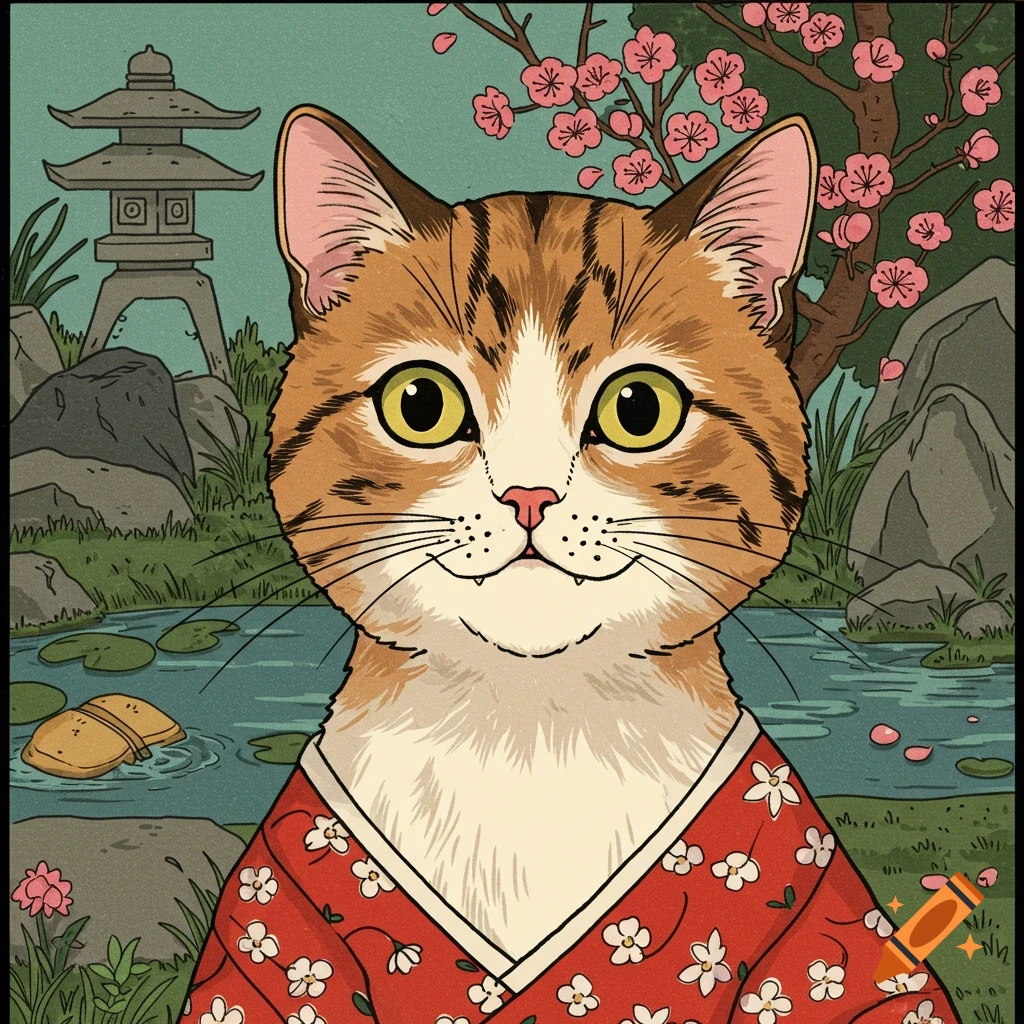 A cat wearing a red floral kimono stands in a Japanese garden with a pond, pagoda, and cherry blossoms, in a woodblock print style.