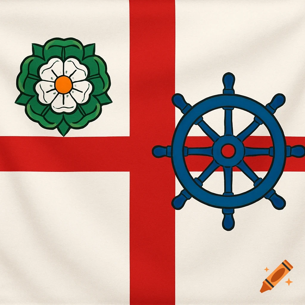 Flag with a red cross on white, featuring a green and white rose and a blue ship's wheel.