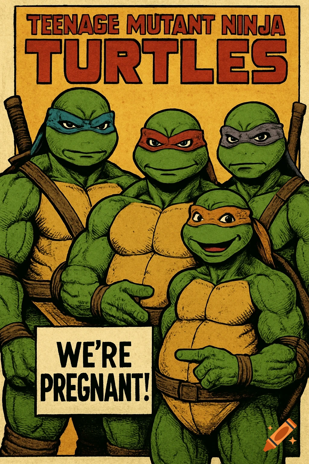 Four Teenage Mutant Ninja Turtles on a comic book cover, one pointing to their large belly, with text reading 'WE'RE PREGNANT!'