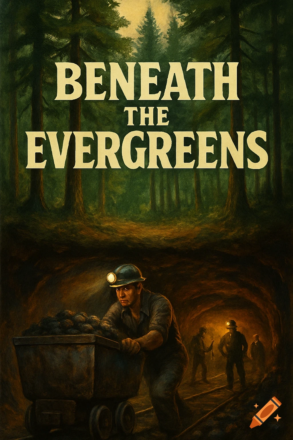 Movie poster for "Beneath the Evergreens" showing miners underground below a forest.