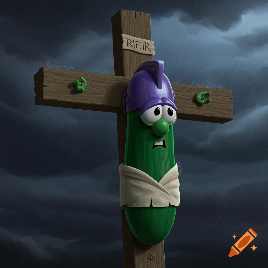 Cartoon cucumber on a cross under a stormy sky with rain.