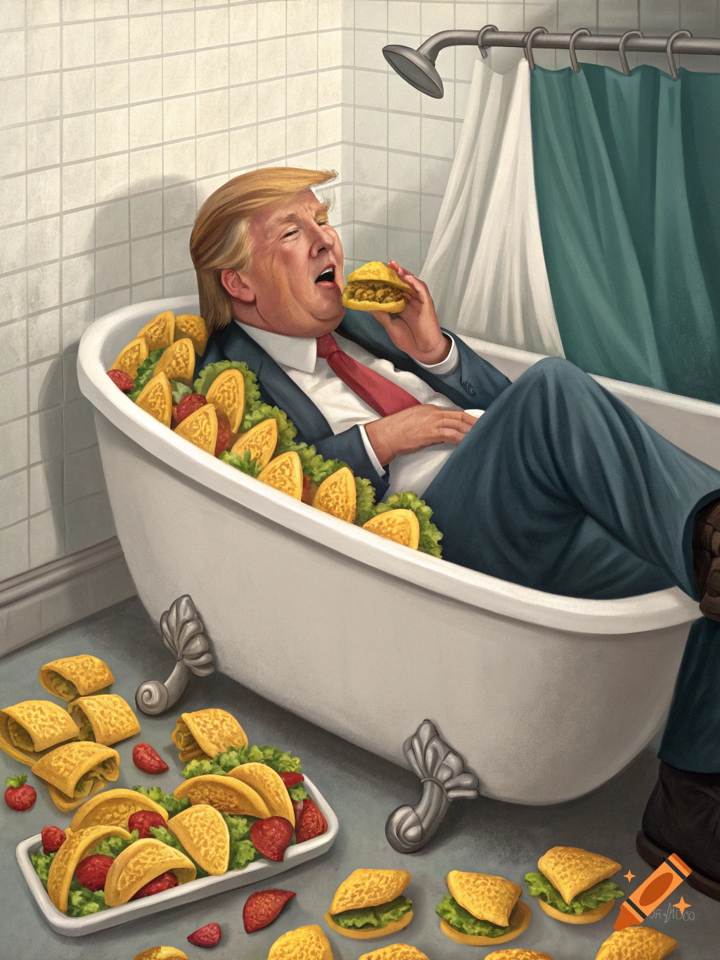 An illustration of Donald Trump wearing a suit and sitting in a bathtub full of tacos, eating a taco.