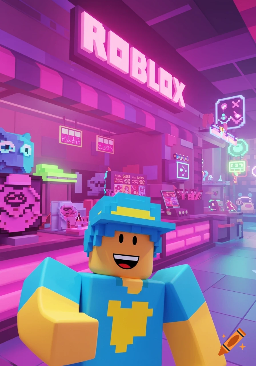 Roblox character in a colorful voxel art store