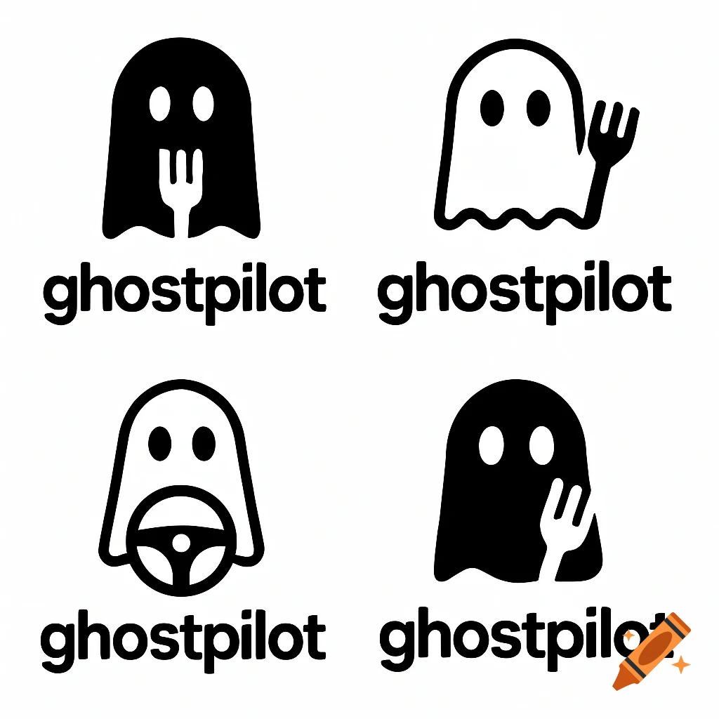 Four black and white logos with ghost characters and 'ghostpilot' text