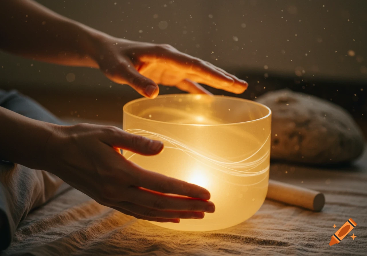 Hands hover over a glowing crystal singing bowl with dust motes in golden light.