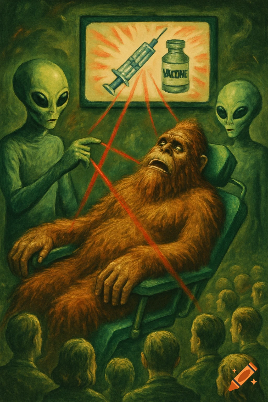 Painting of aliens giving Bigfoot a procedure watched by an audience, with a screen showing a syringe and bottle labeled VACONE.