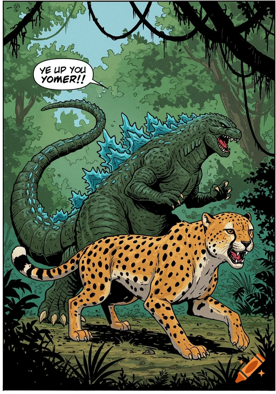 Comic art of Godzilla and a cheetah standing together in a jungle with a speech bubble.