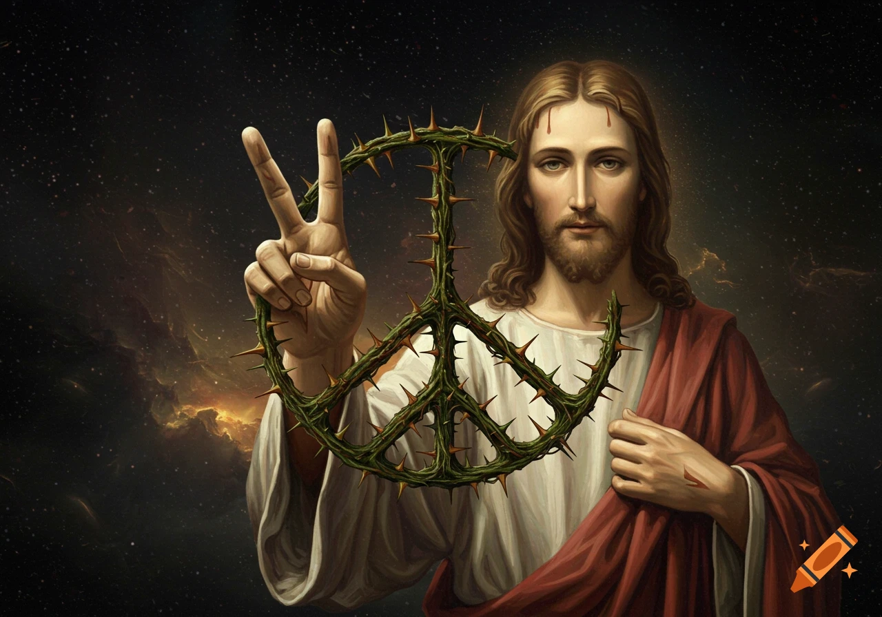Jesus holds a peace sign made of thorny branches, appearing in a starry sky.