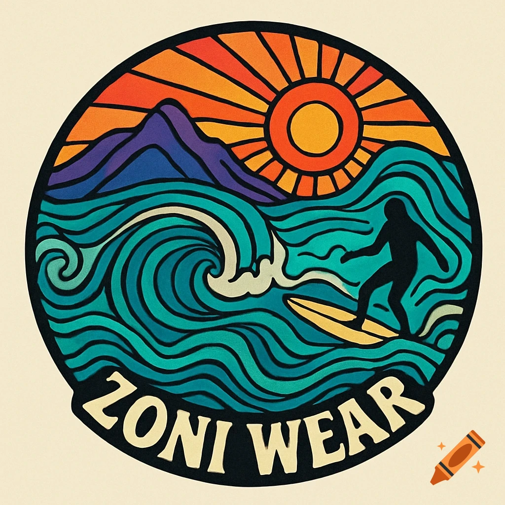 A psychedelic logo shows a surfer on a wave with mountains and a sunrise in the background, text reads "ZONI WEAR".