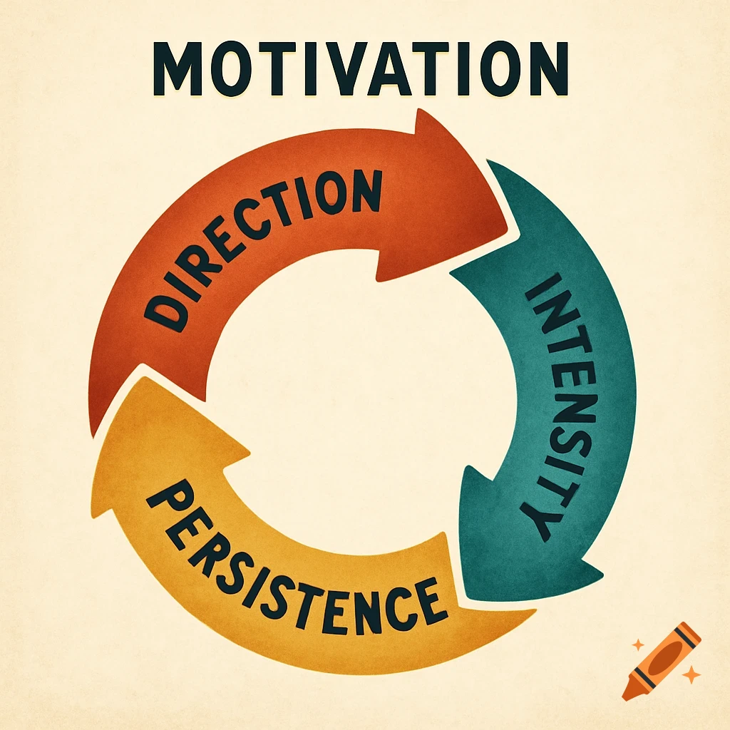 A graphic illustration of a circular process with arrows labeled DIRECTION, INTENSITY, and PERSISTENCE, centered below the word MOTIVATION.