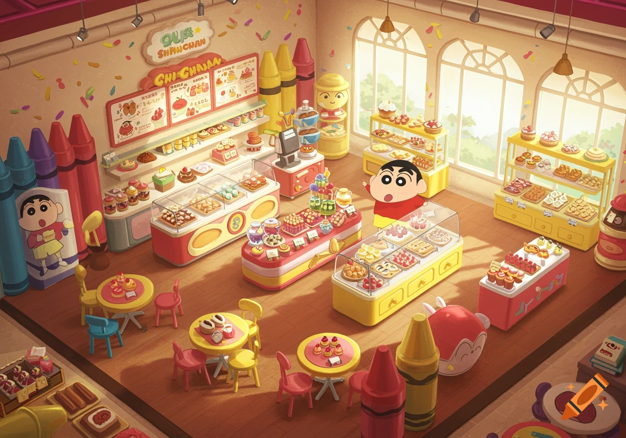 Crayon Shin-chan in a colorful cartoon bakery filled with cakes and pastries.