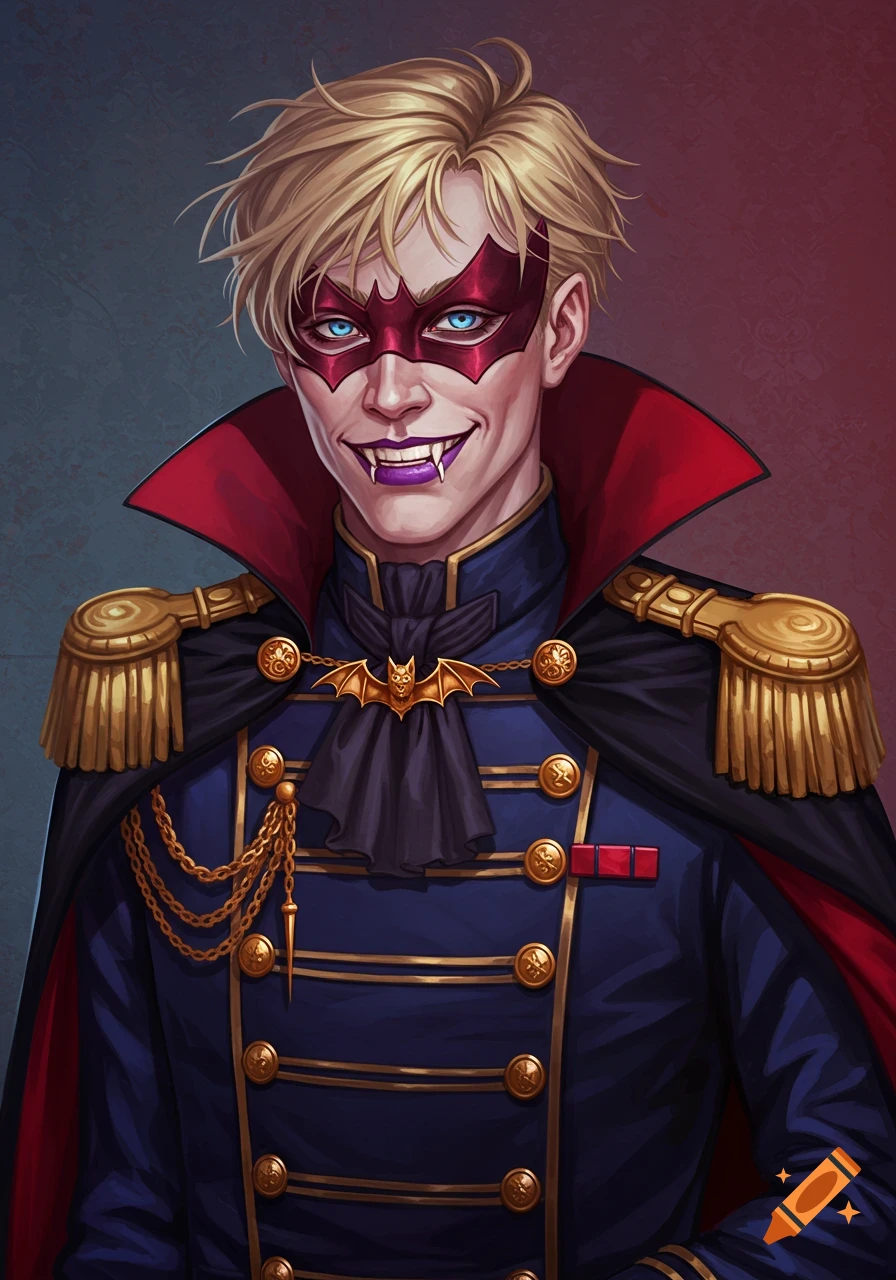 Blonde male vampire in military uniform, red mask, and cape