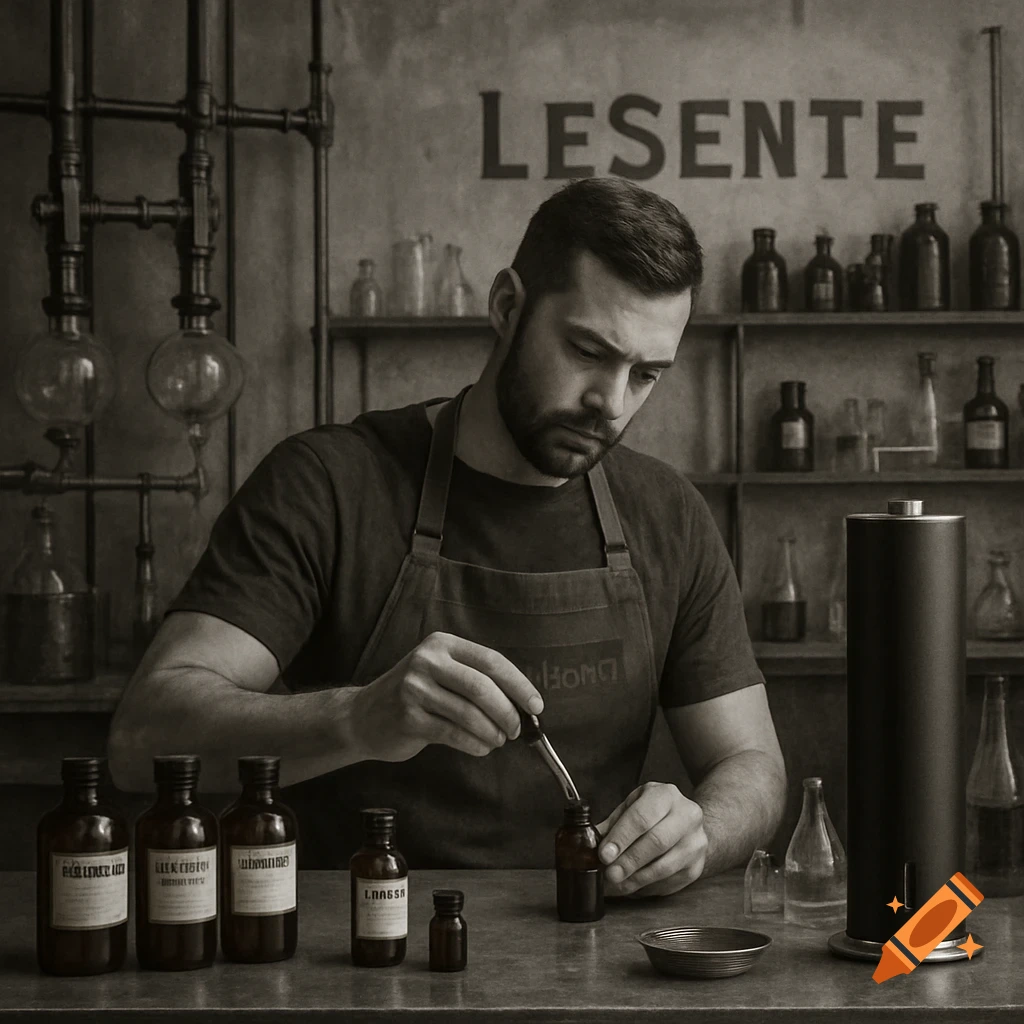 A man in an apron uses a dropper with small bottles in an industrial-style apothecary setting.