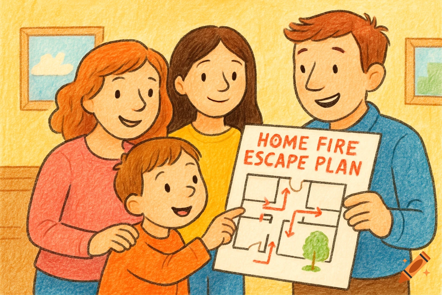 Family looking at a home fire escape plan illustration in a colored pencil style.