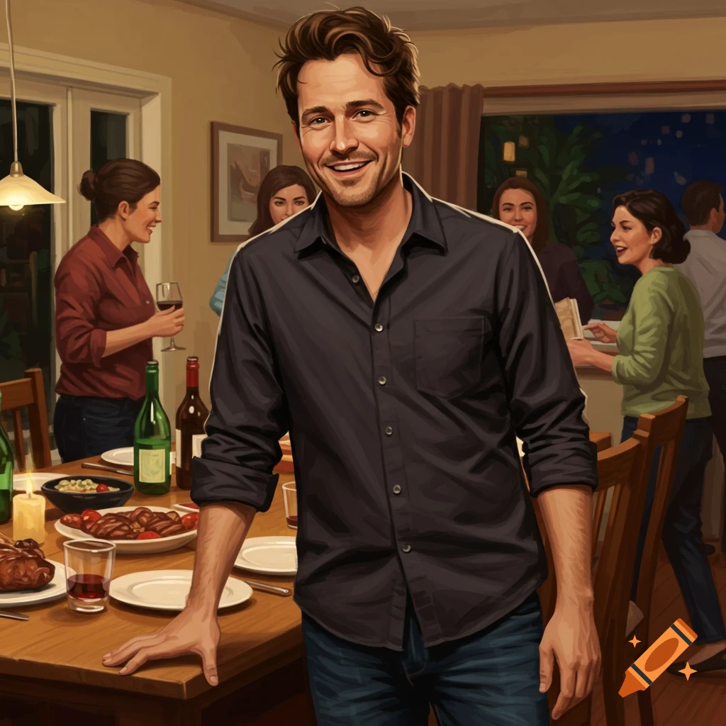 A man smiles at the camera, standing by a dinner table with people in the background.