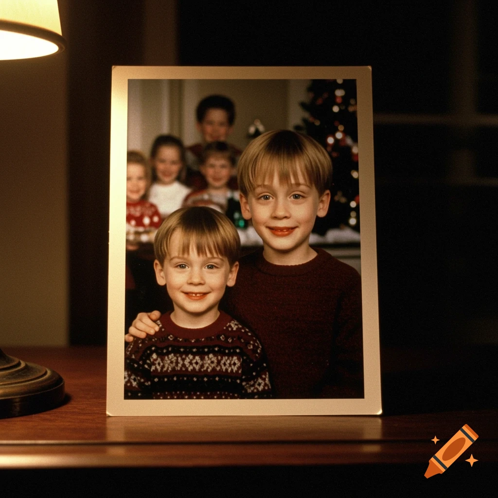 A framed childhood family photo from Home Alone on a table next to a lamp. Two young boys smile in the foreground.