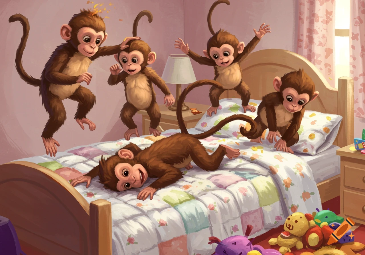 Cartoon illustration of five monkeys jumping on a bed in a bedroom with toys on the floor.