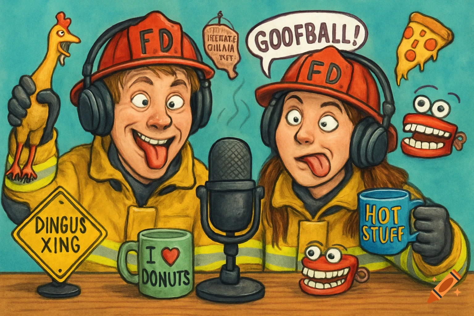 Cartoon firefighters making funny faces while podcasting, with humorous signs and mugs.