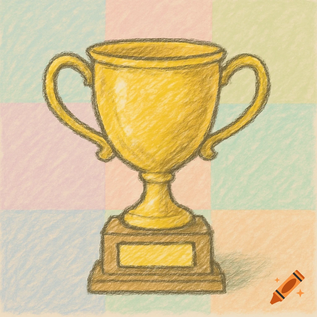 Drawing of a golden trophy on a pastel checkerboard background.