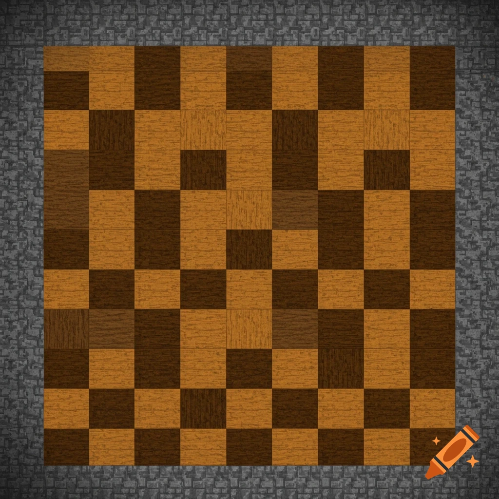 A pixelated image of a wooden checkerboard pattern surrounded by a grey stone wall border.
