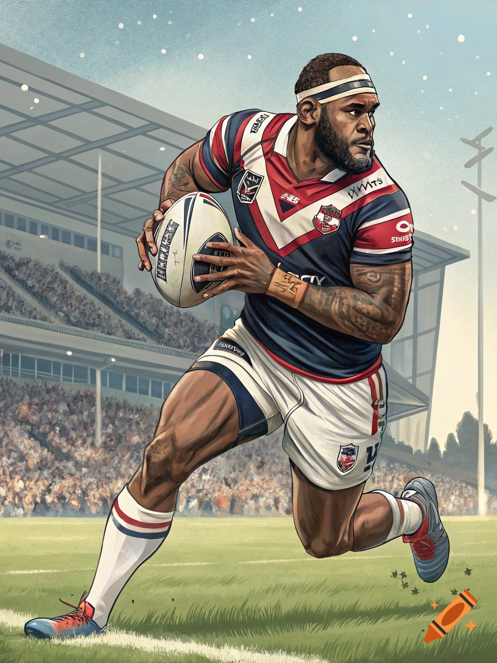 Illustration of a rugby player running with a ball in a stadium.