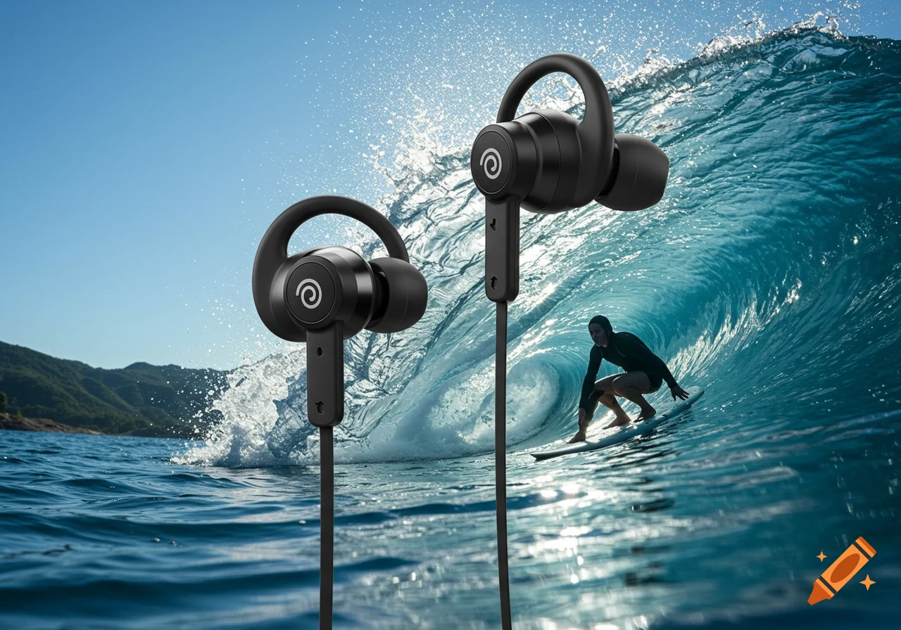 Black earbuds in the foreground with a surfer on a wave in the background.