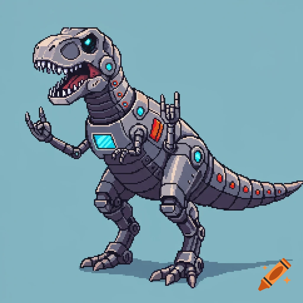 Pixel art robot T-Rex making a rock and roll hand sign