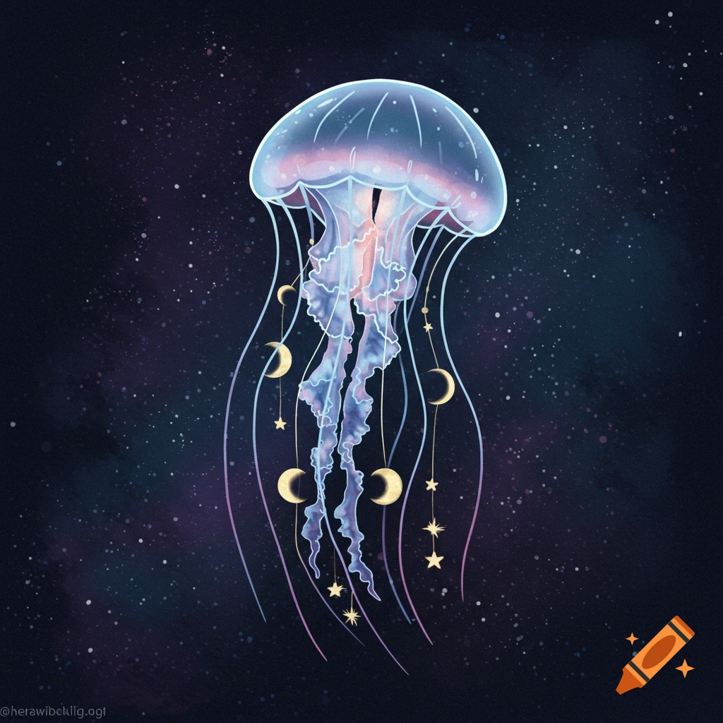 A colorful, glowing jellyfish with tentacles adorned with moons and stars floats in a dark, starry cosmic background.