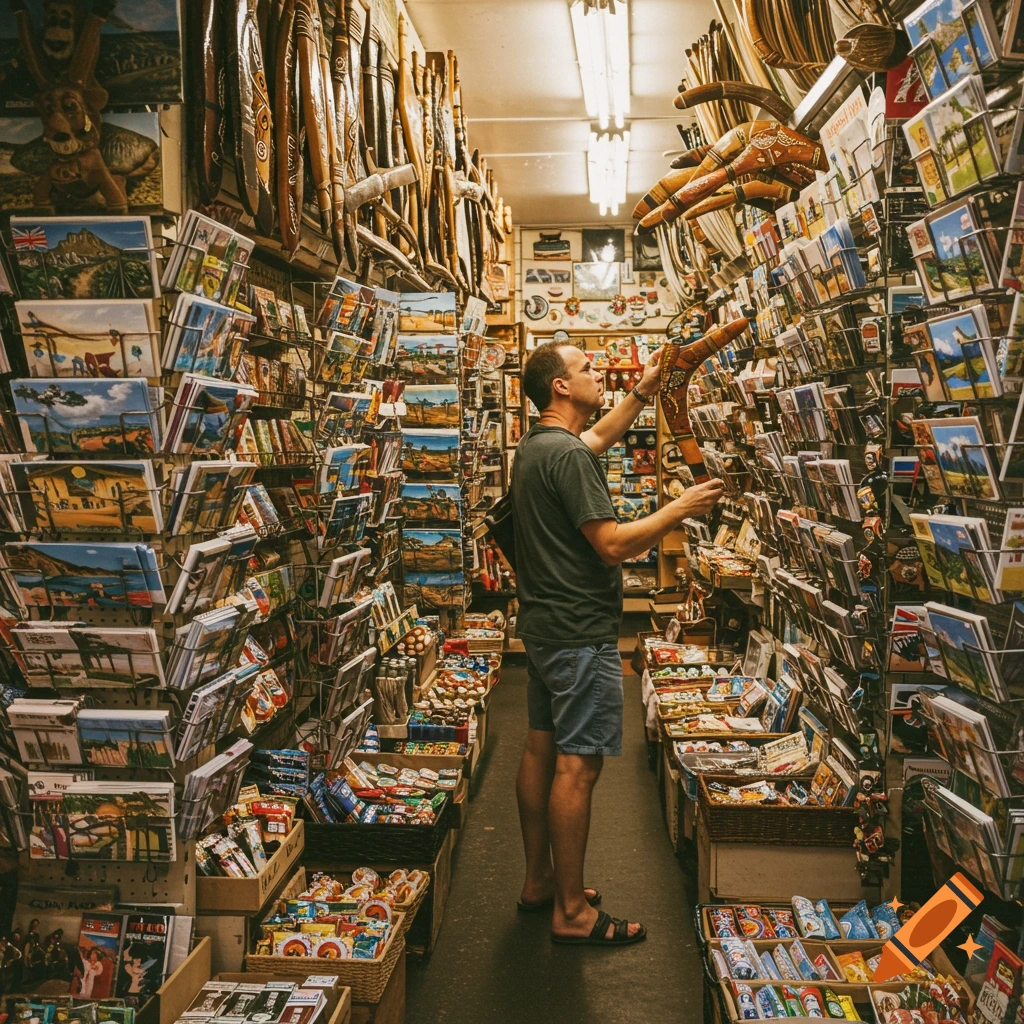 A person browses a cluttered souvenir store filled with postcards, boomerangs, and various items.