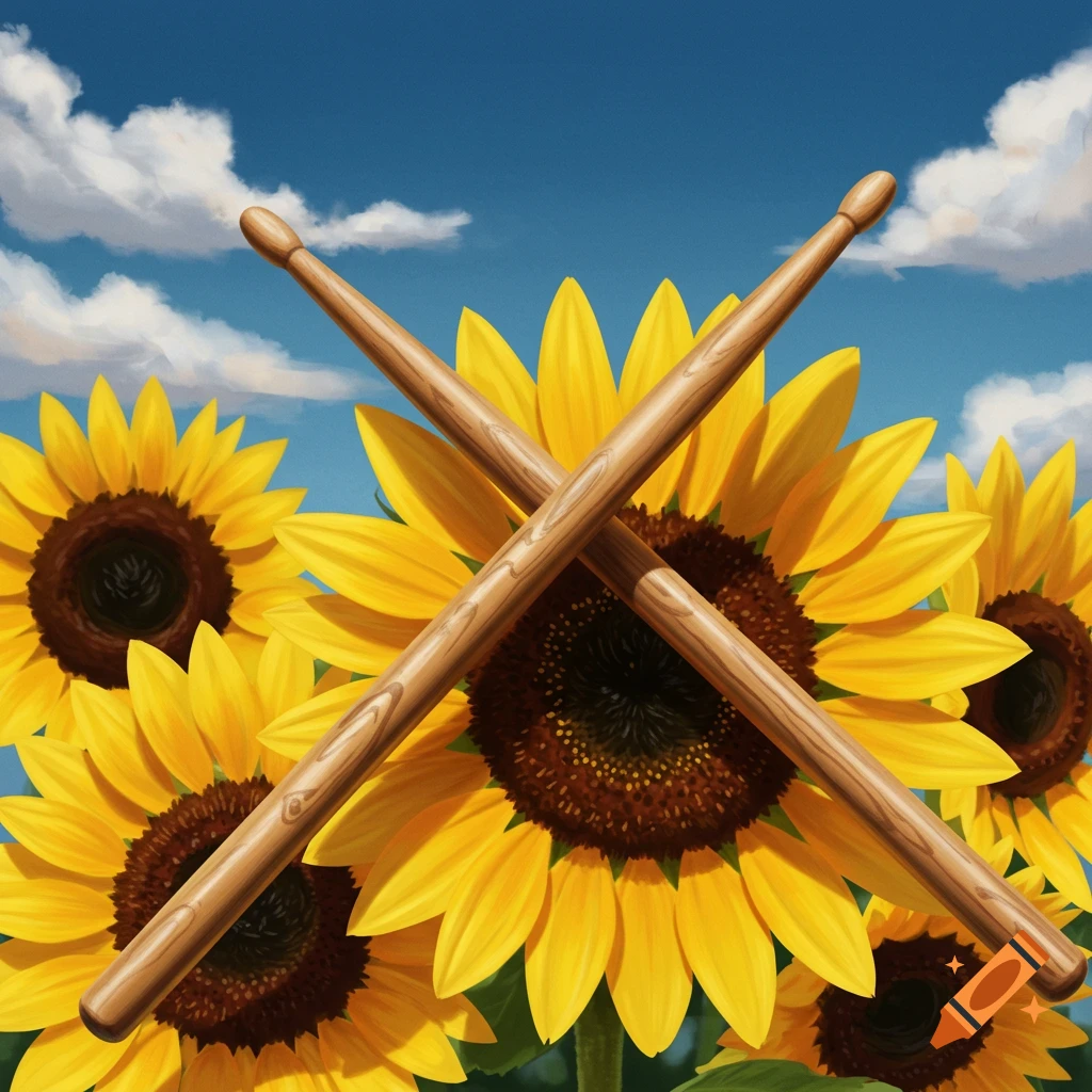 Two crossed drumsticks stand in front of a cluster of vibrant sunflowers against a blue sky with clouds in a painterly style.