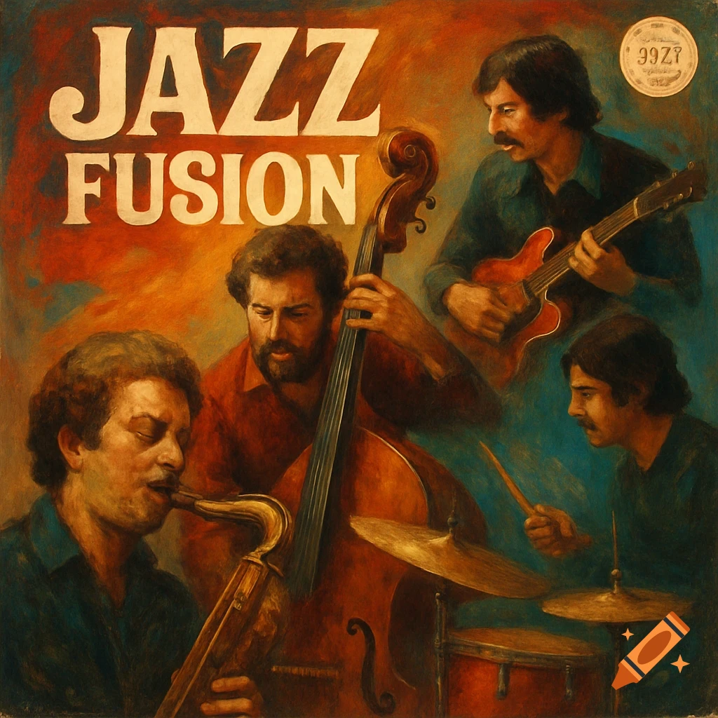 A painted 1970s style jazz fusion album cover featuring four musicians with instruments: saxophone, double bass, electric guitar, and drums. Text reads "JAZZ FUSION".