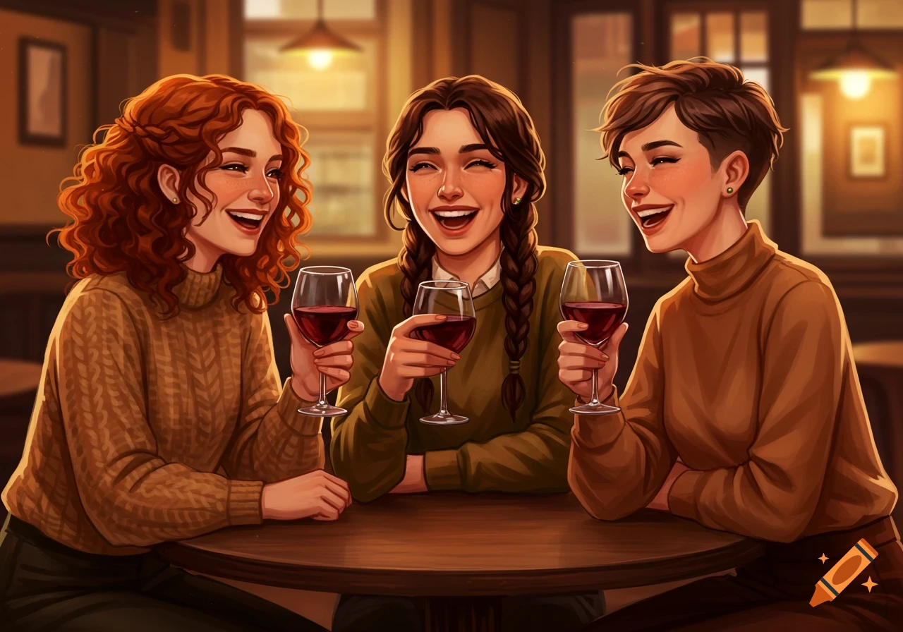 Three illustrative women laughing and drinking wine at a table in a warm pub setting.