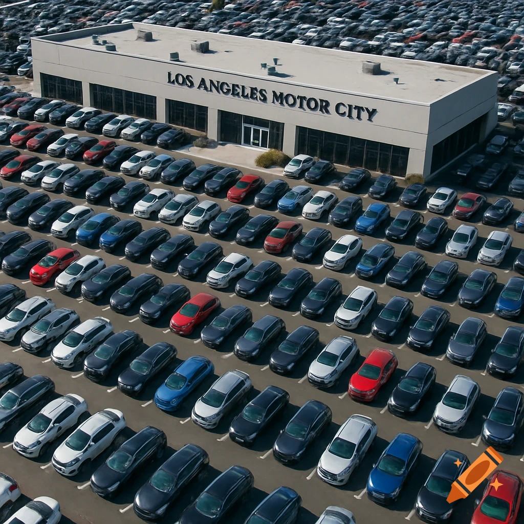 Aerial view of a large car dealership with a building sign saying "Los Angeles Motor City" and rows of parked cars.