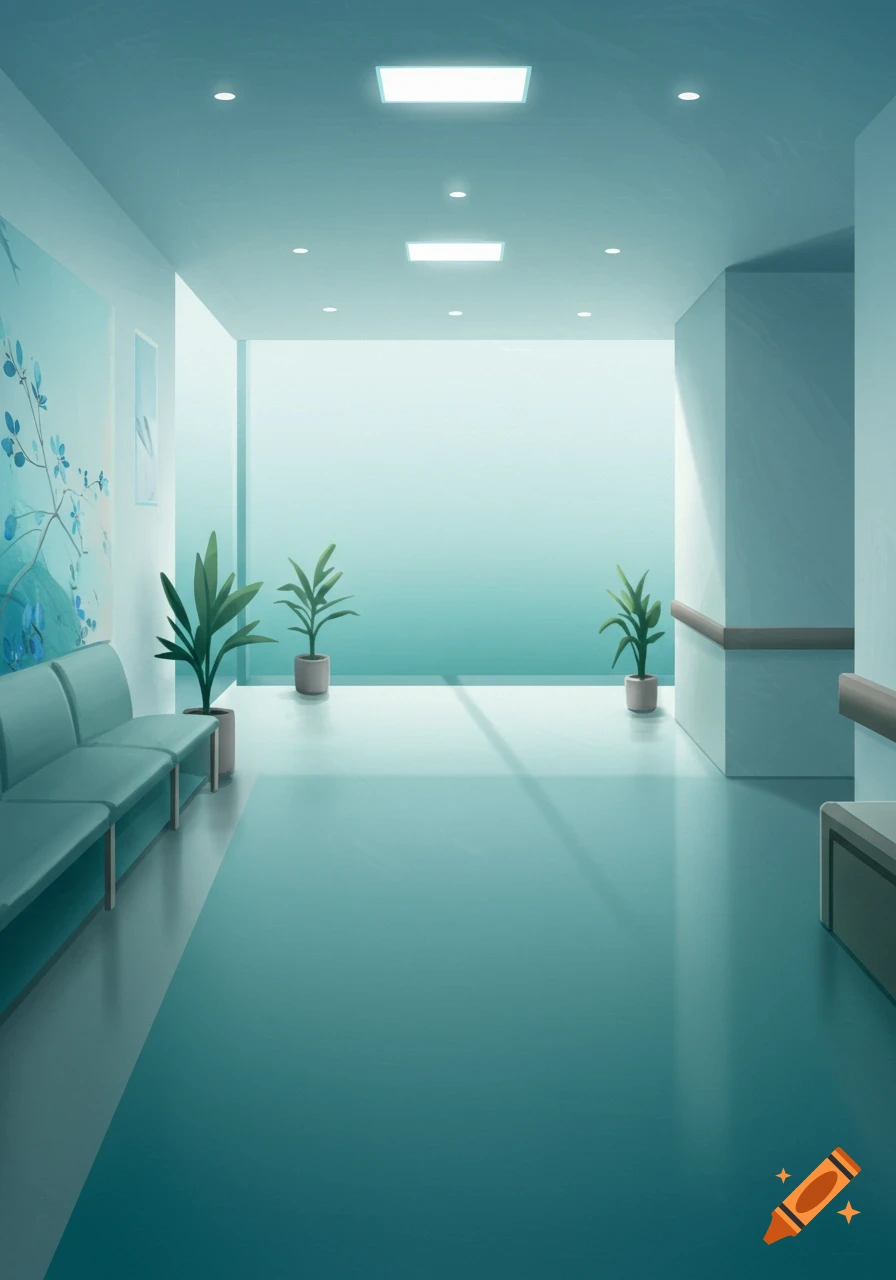 A calm, bright hallway in a healthcare building with benches, plants, and a blueish-green color scheme.