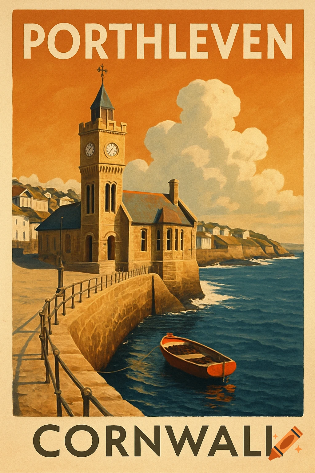 Vintage travel poster for Porthleven, Cornwall, depicting a clock tower, pier, and boat by the sea.