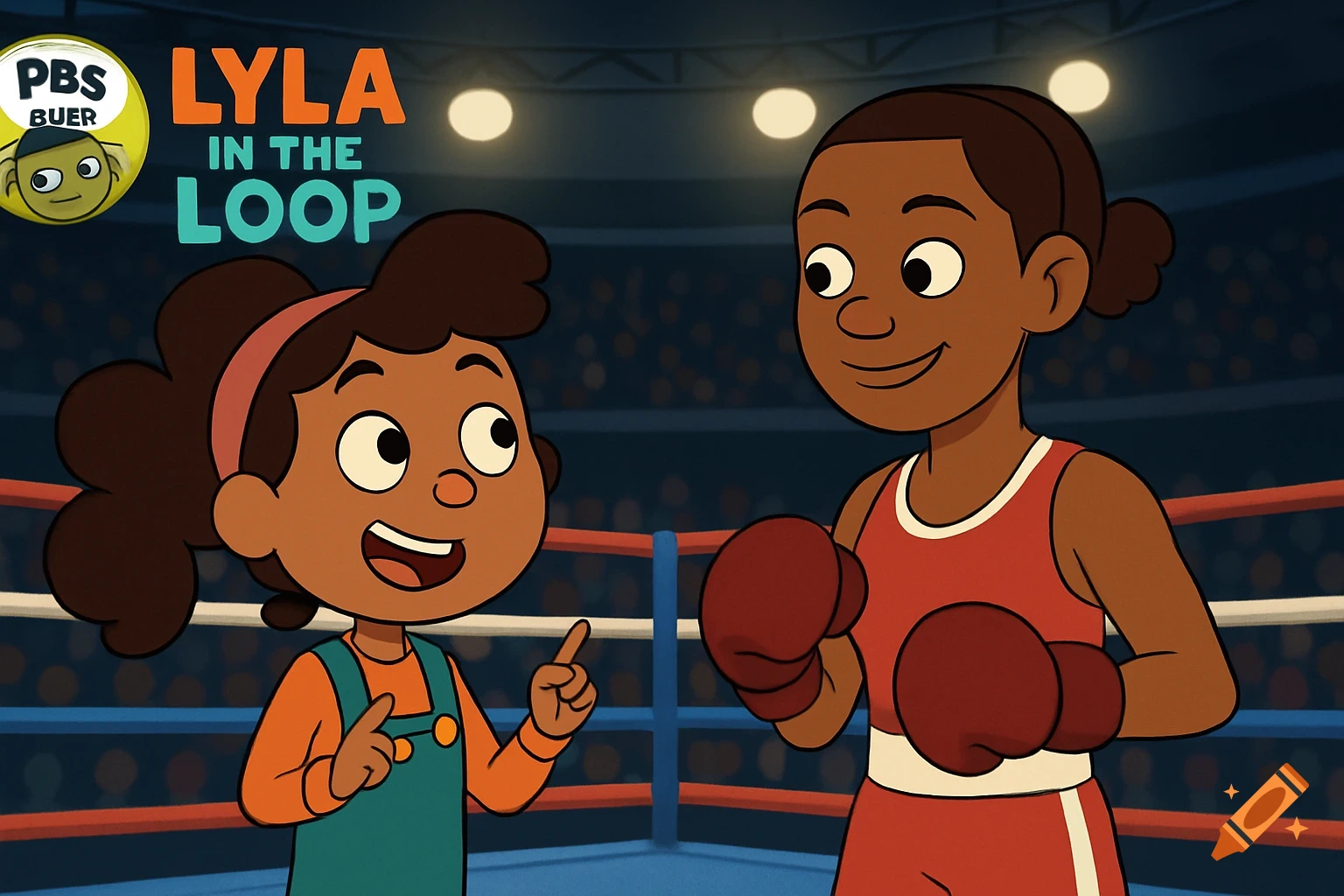 Cartoon characters, one in overalls pointing, the other in a boxing uniform with gloves, standing in a boxing ring.