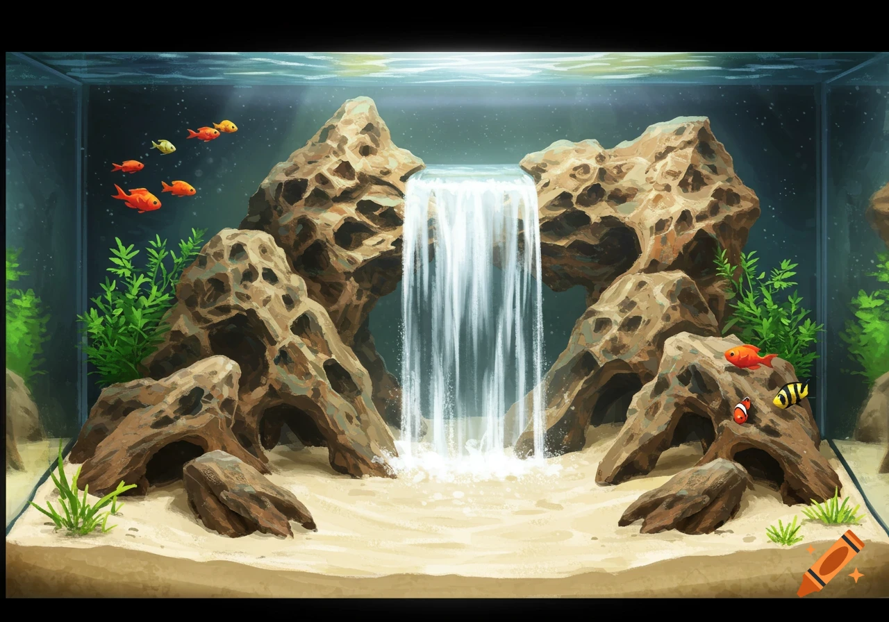 An aquarium with large holed rocks, green plants, fish, and a sand waterfall in the center.