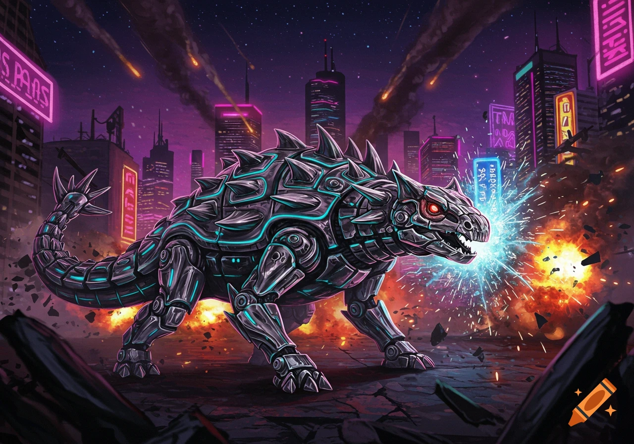 Robotic ankylosaurus attacks a futuristic neon city under a night sky with meteors