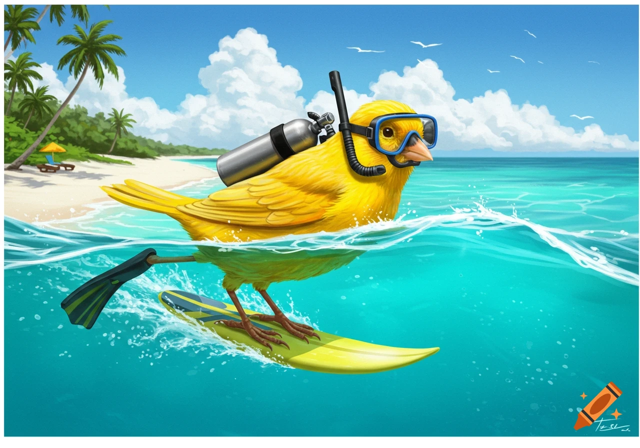 Cartoon yellow canary wearing scuba gear surfs on a surfboard in the ocean near a tropical beach.