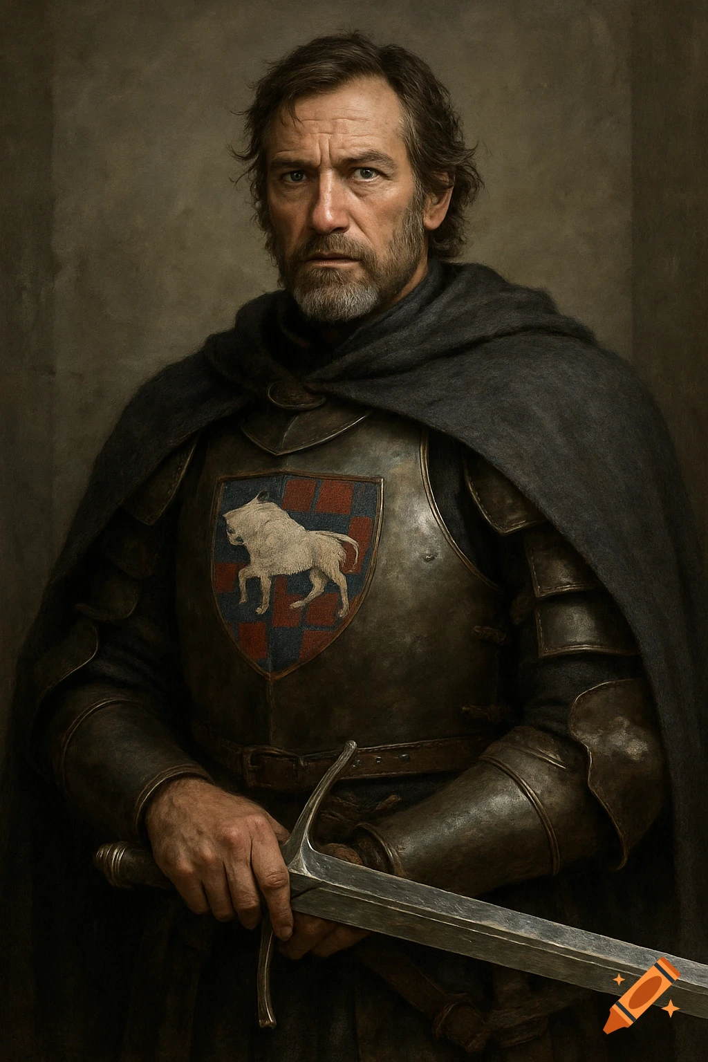 A detailed portrait of a knight in dark armor and cloak, holding a longsword, with a shield bearing a white bull on a red and blue checkered field.