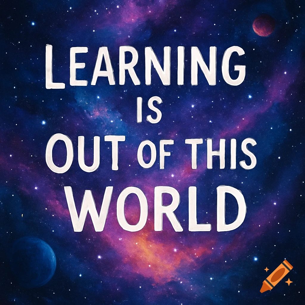White text reads 'Learning is Out of this World' over a background of a colorful galaxy, stars, and planets